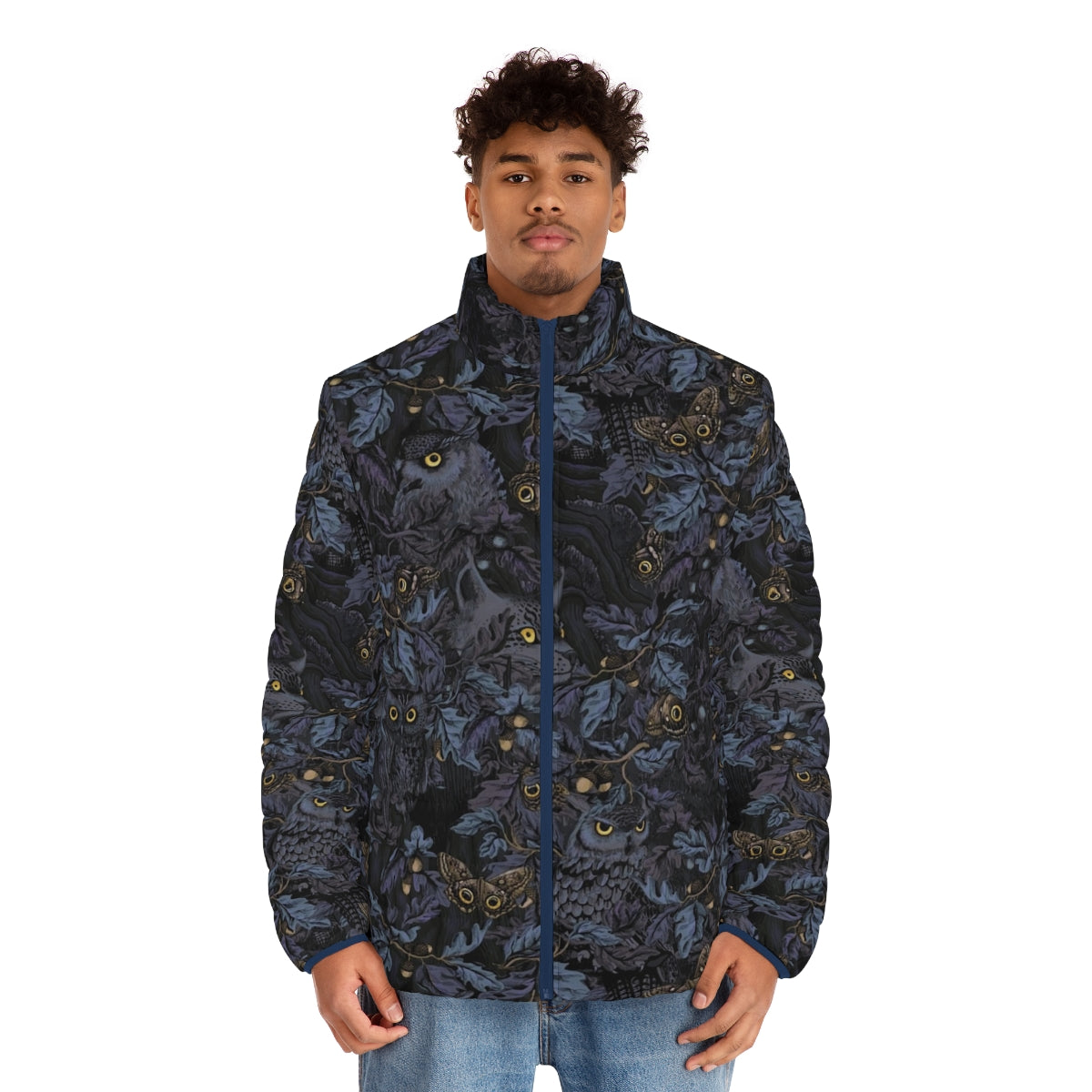 Model wearing a moonlight blue puffer jacket with a stylish camouflage pattern - men front