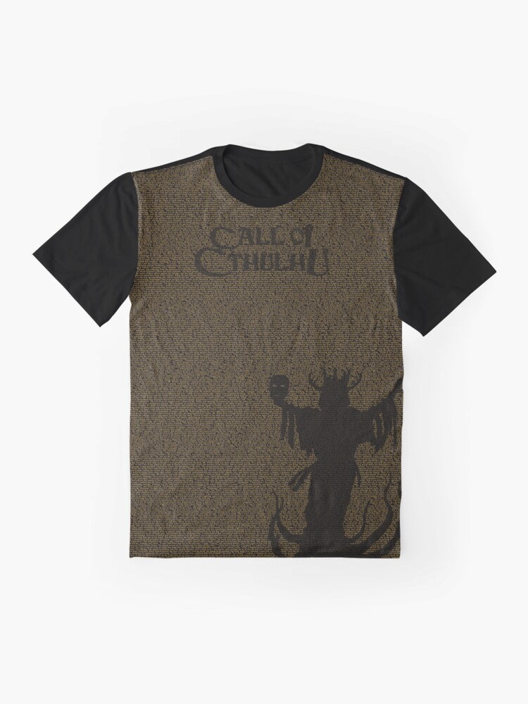 Cthulhu Mythos Hastur graphic t-shirt with text "The Horror Between The Lines" - Flat lay