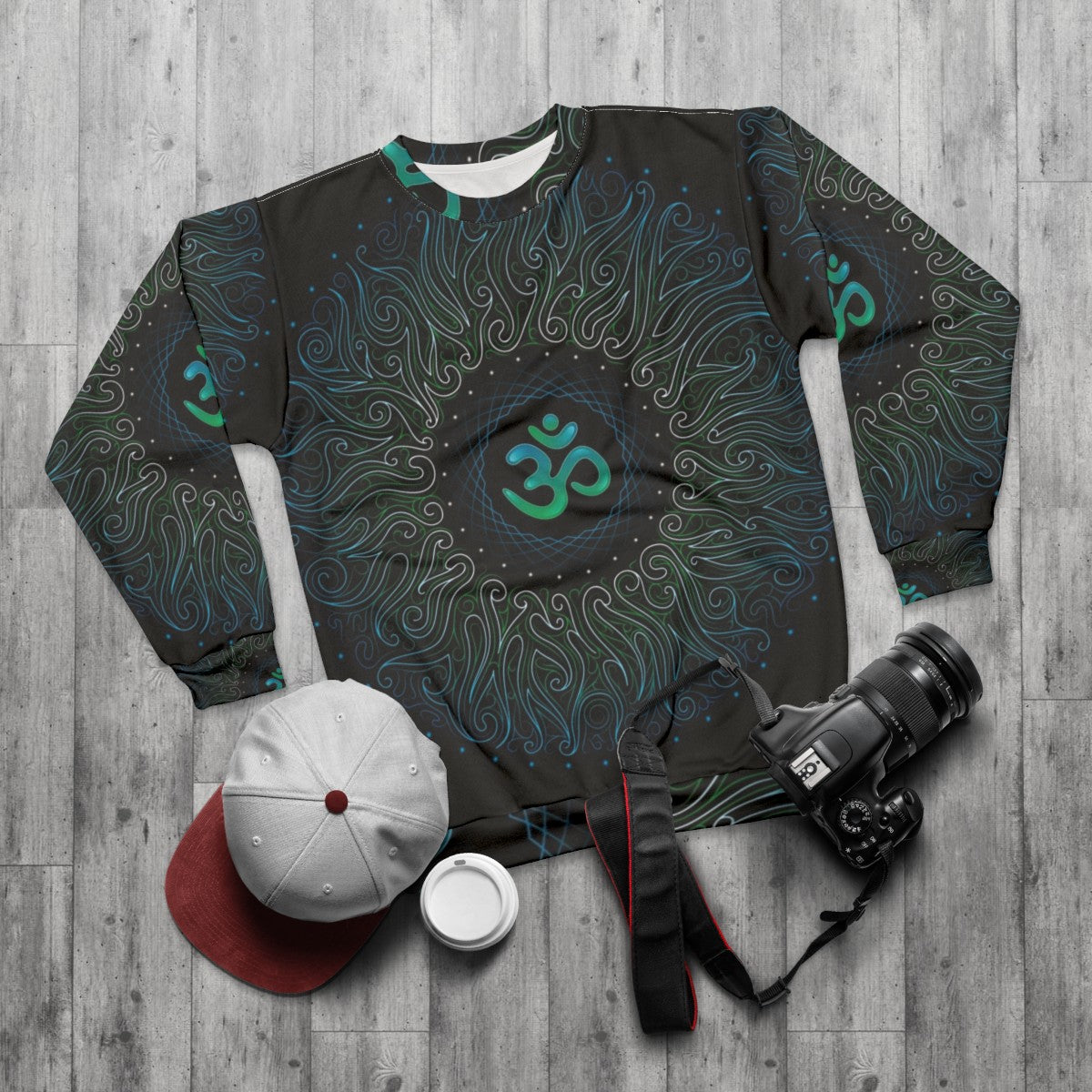 Pranava yoga om mandala sweatshirt with visionary art and sacred geometry - flat lay