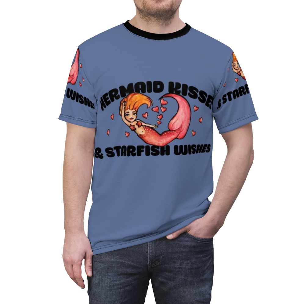 Mermaid-themed t-shirt design featuring a chibi mermaid with red hair and text "Mermaid Kisses And Starfish Wishes" - men front