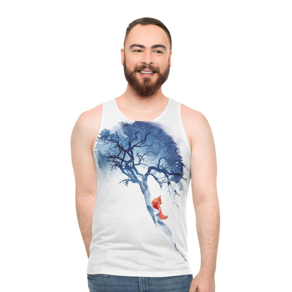 Unisex tank top with a vibrant watercolor design of a fox and tree in nature - men