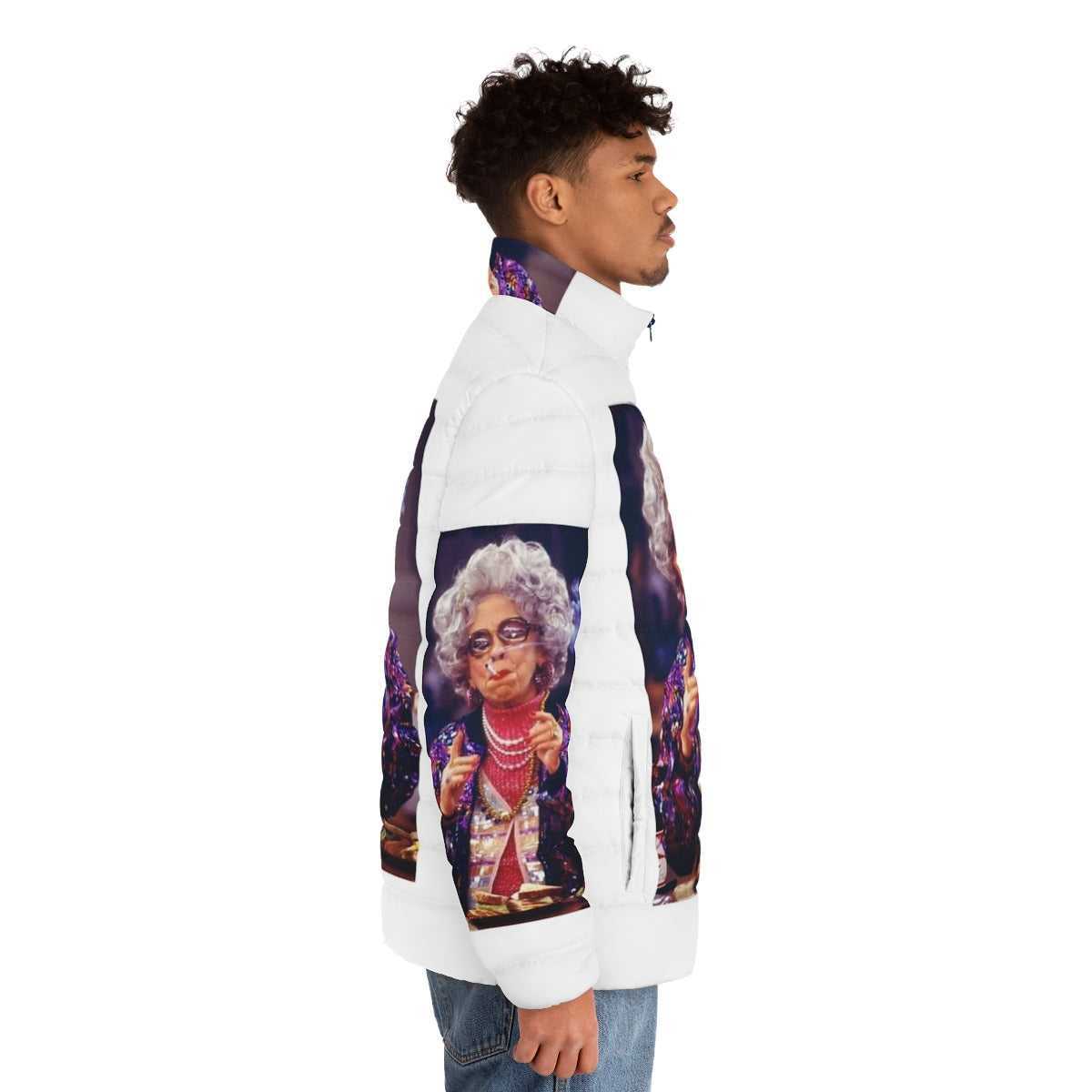 Grandma Yetta inspired 90s puffer jacket with vintage nineties fashion design - men side right