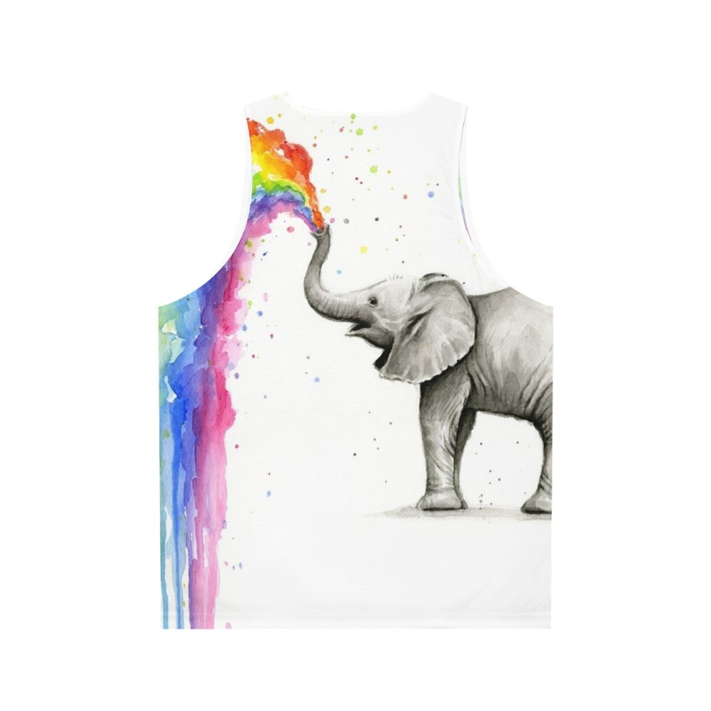 Baby elephant spraying rainbow watercolor design on unisex tank top - Back