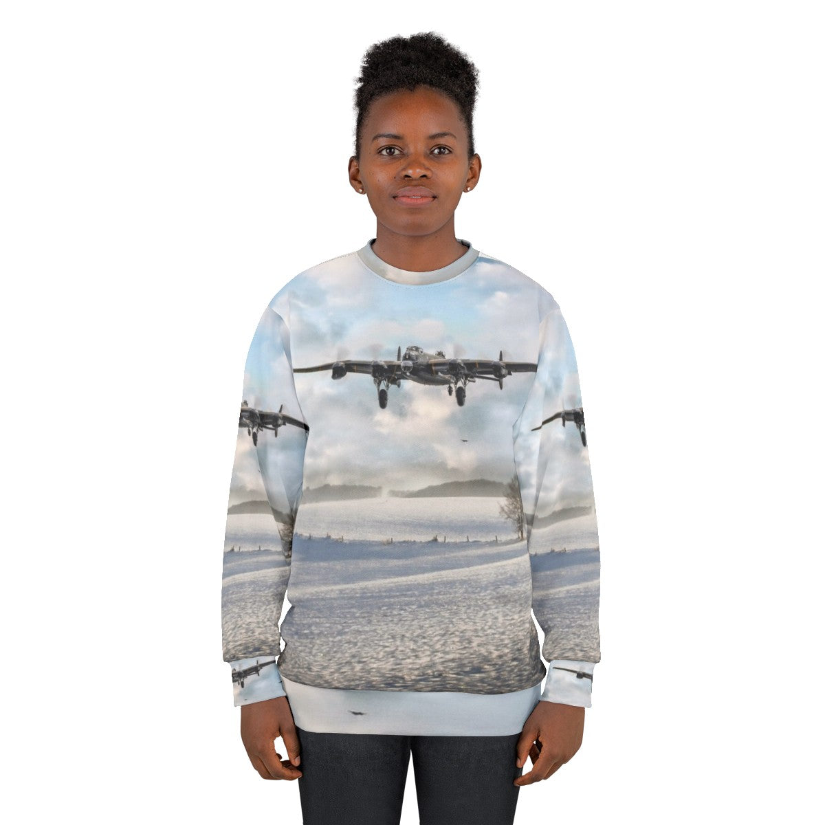 Avro Lancaster bomber in snowy landscape on winter sweatshirt - women