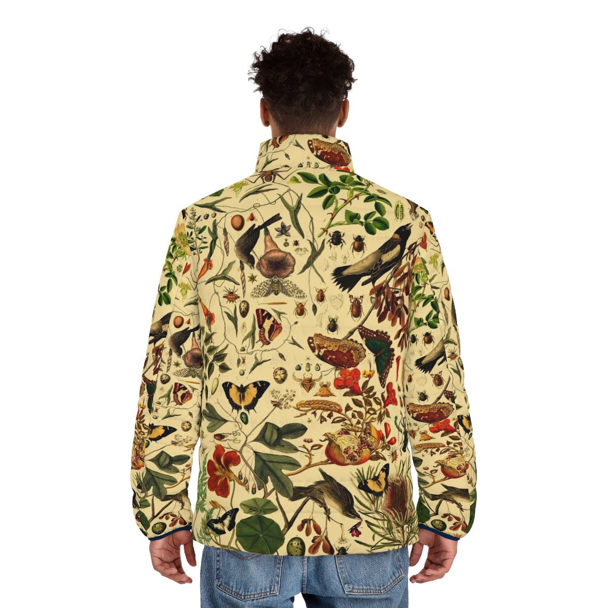 A warm and stylish puffer jacket featuring a beautiful botanical pattern. - men back