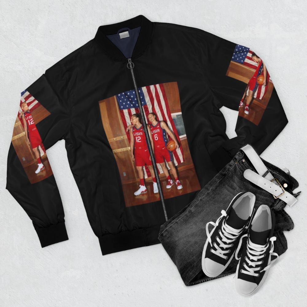 Team USA Basketball Bomber Jacket featuring Sue Bird and Diana Taurasi - Flat lay