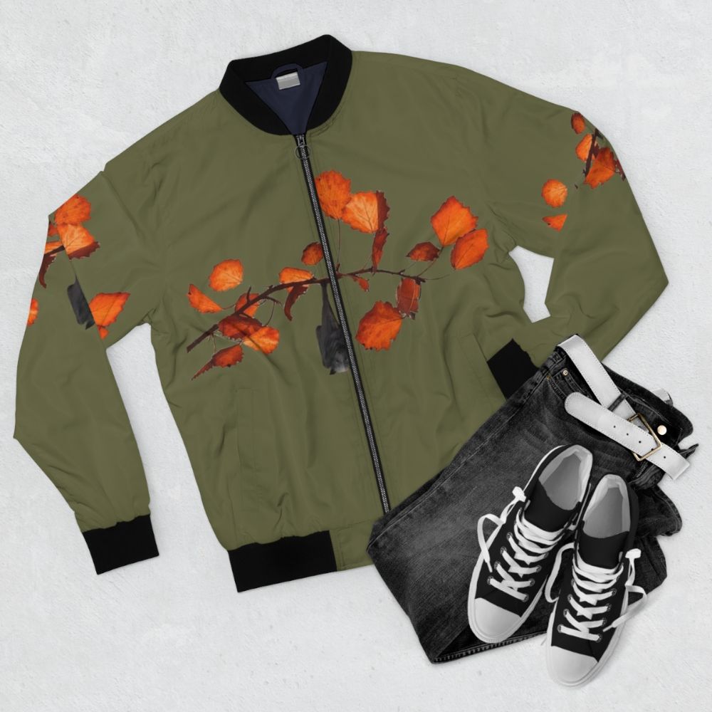 Batzilla moss green bomber jacket with cute bat design - Flat lay