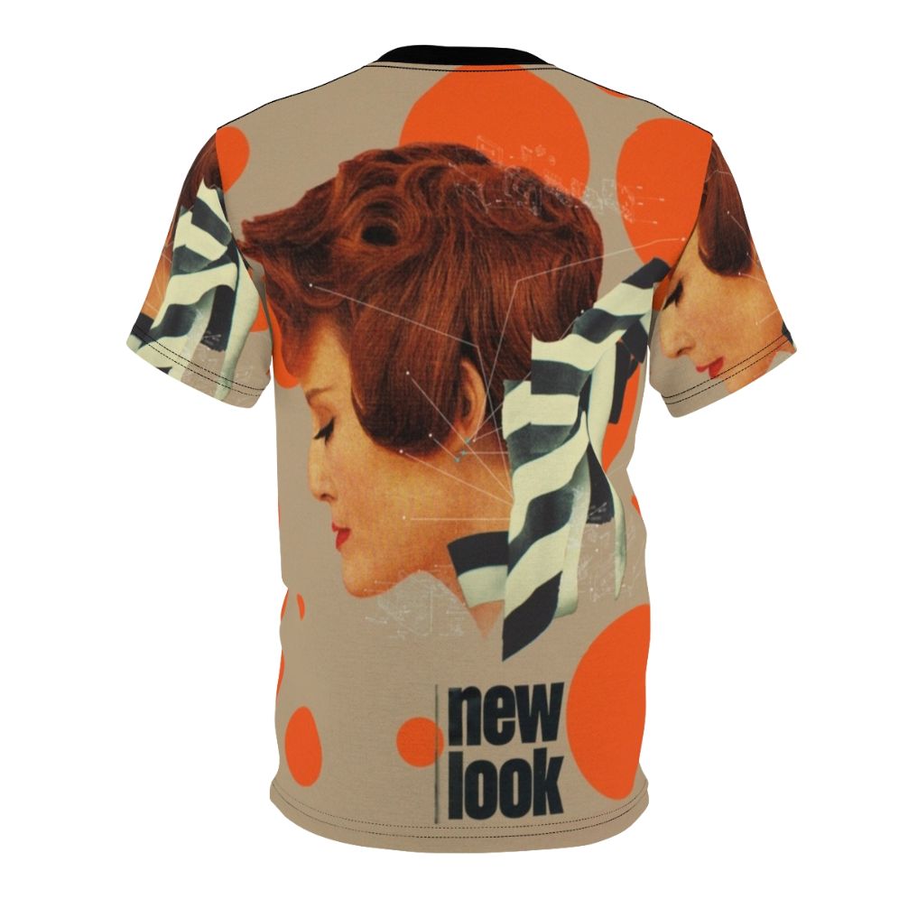 A stylish vintage-inspired geometric pop art aop t-shirt featuring a portrait of a woman with ginger hair. - Back