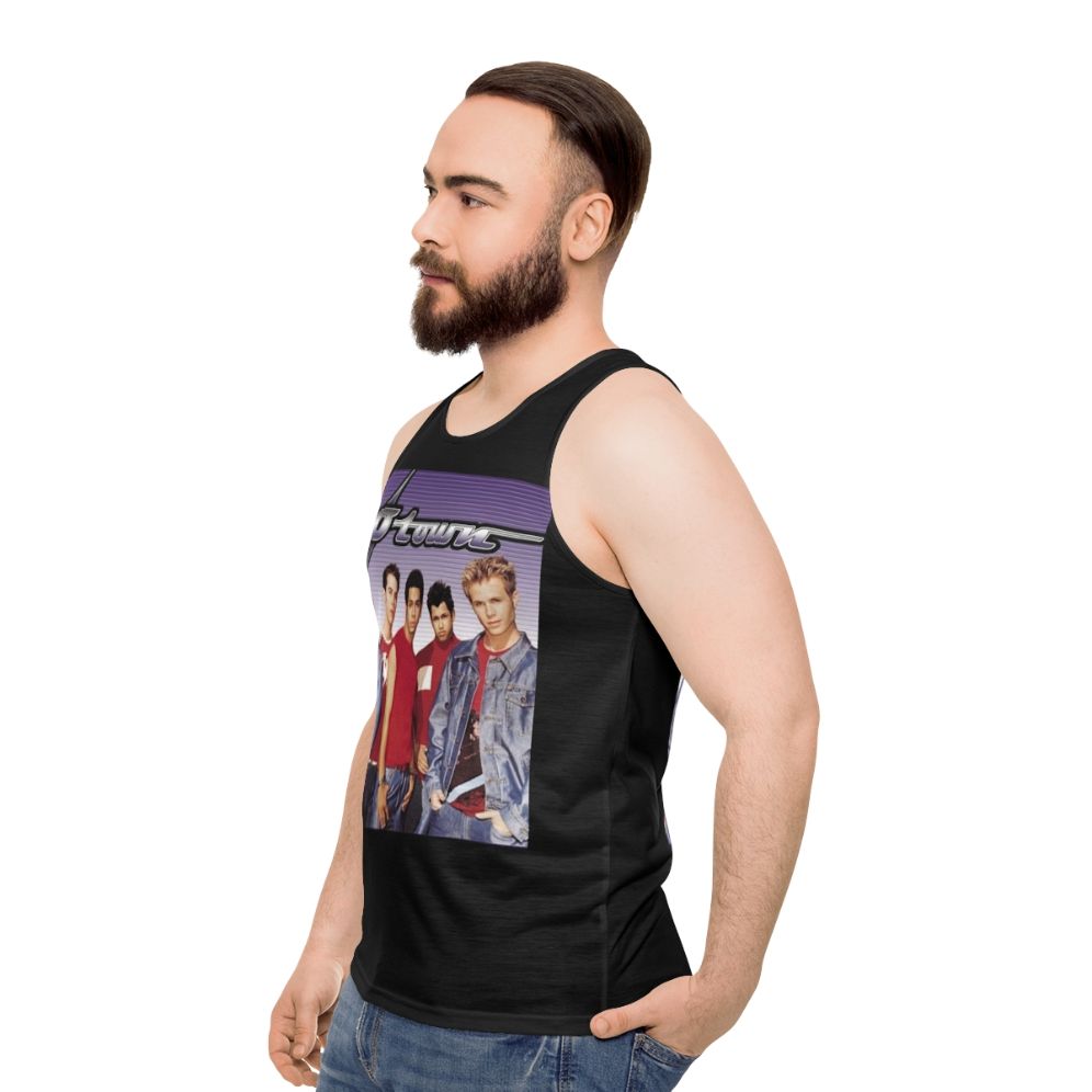 Unisex tank top featuring retro boy band music design - men side