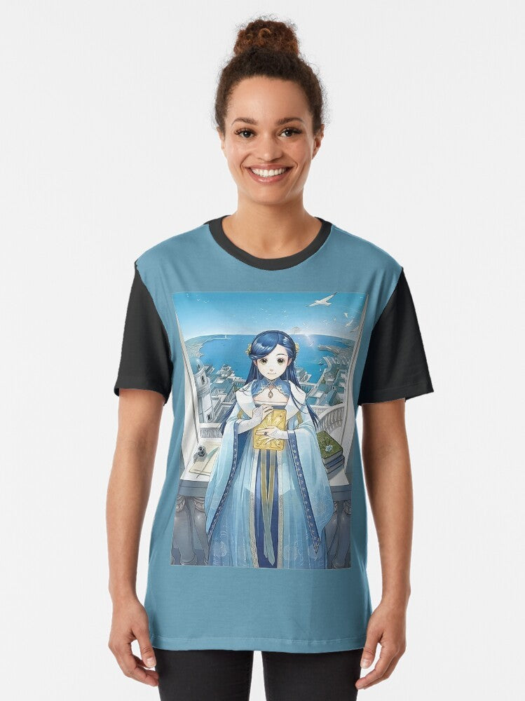 Graphic t-shirt featuring Rozemyne from the anime series Ascendance of a Bookworm, with scenic elements of the Ahrensbach castle and the ocean. - Women