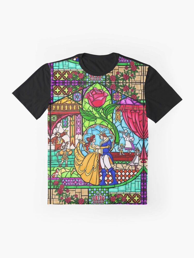 Stained glass window graphic t-shirt with fairytale beauty and beast design - Flat lay