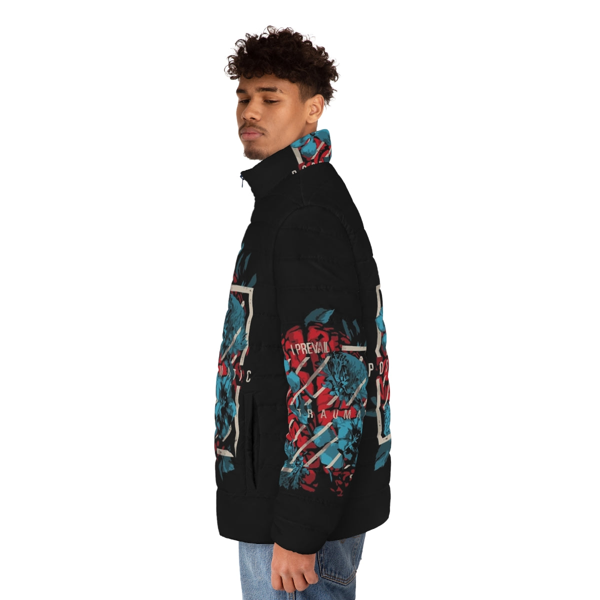 I Prevail Puffer Jacket featuring the band's logo and name - men side left