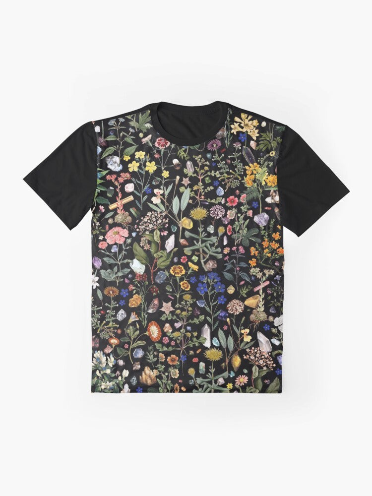 Colorful floral and botanical graphic design with crystals, leaves, and petals for a healing and nature-inspired t-shirt. - Flat lay