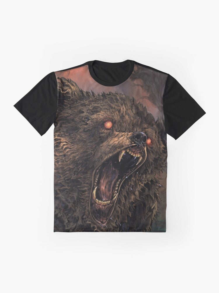 Grizzly Inscryption Graphic T-Shirt featuring a detailed fantasy art illustration of a grizzly bear creature from the game Inscryption. - Flat lay