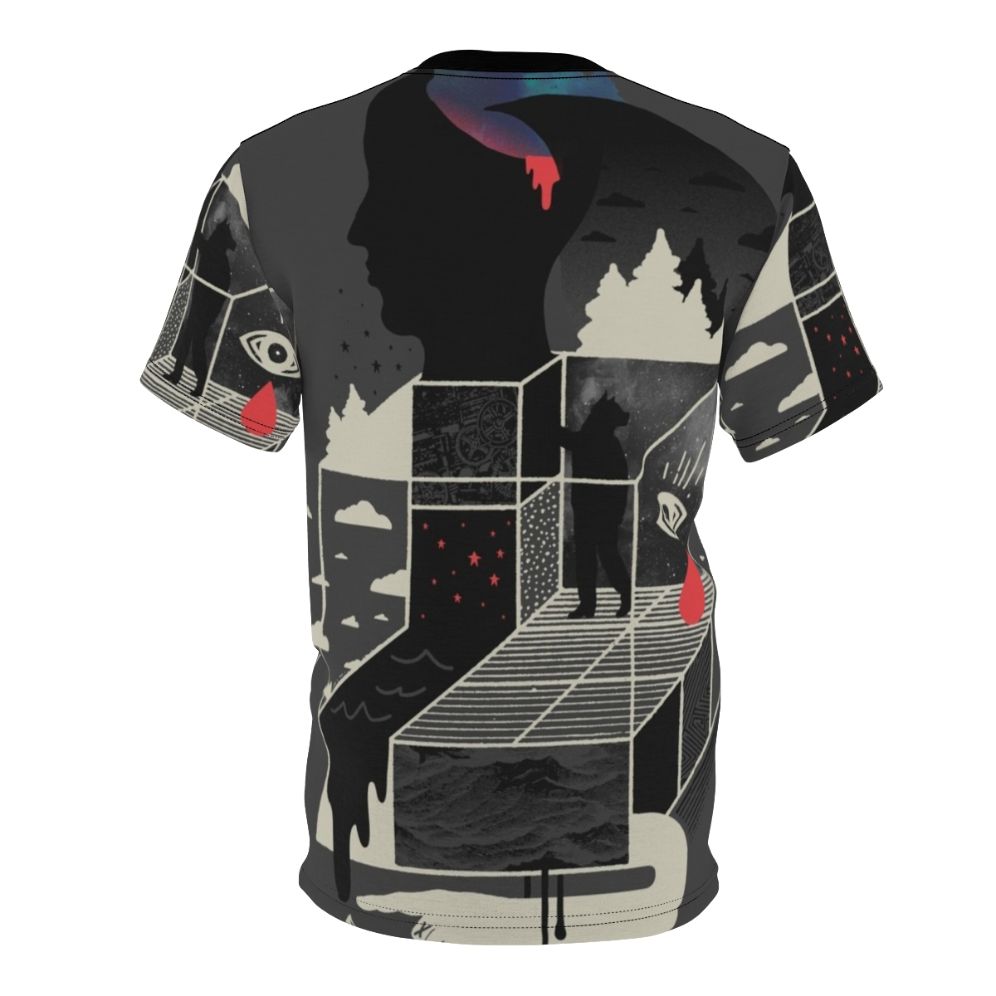 Surreal abstract t-shirt with eyes, clouds, geometric shapes, and stars - Back