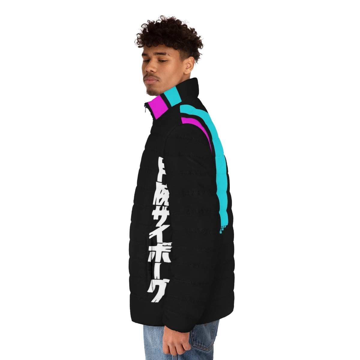 A vibrant 1980s-inspired puffer jacket with a vaporwave aesthetic design - men side left