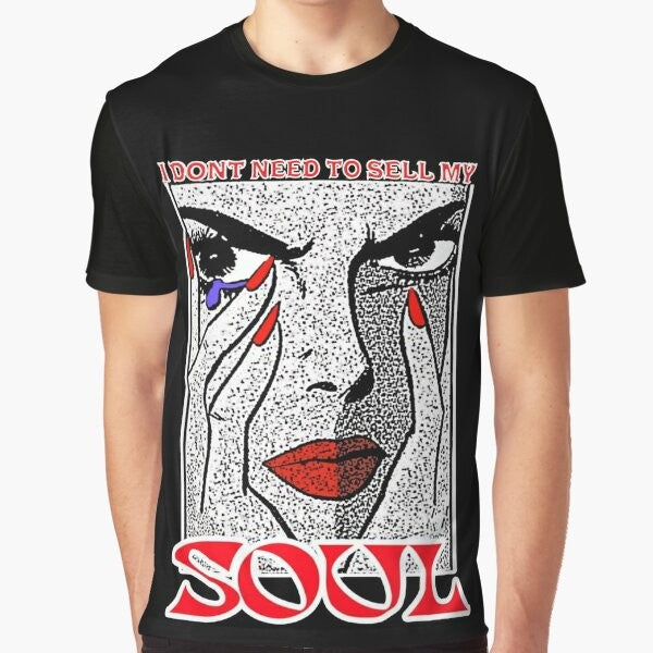 "I Don't Need to Sell My Soul" graphic t-shirt featuring a woman with red lips and a tear drop