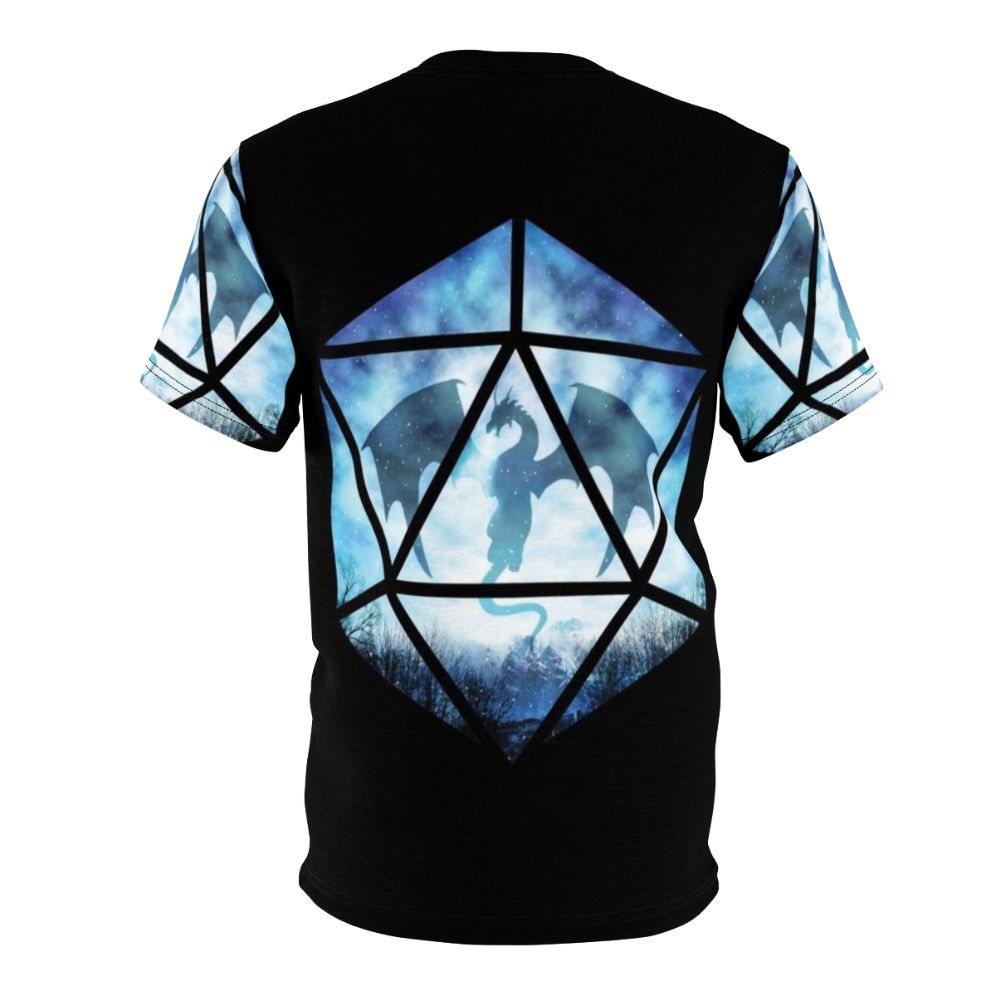 Captivating image of a blue sky ice dragon against a snowy mountain backdrop on a high-quality t-shirt. - Back