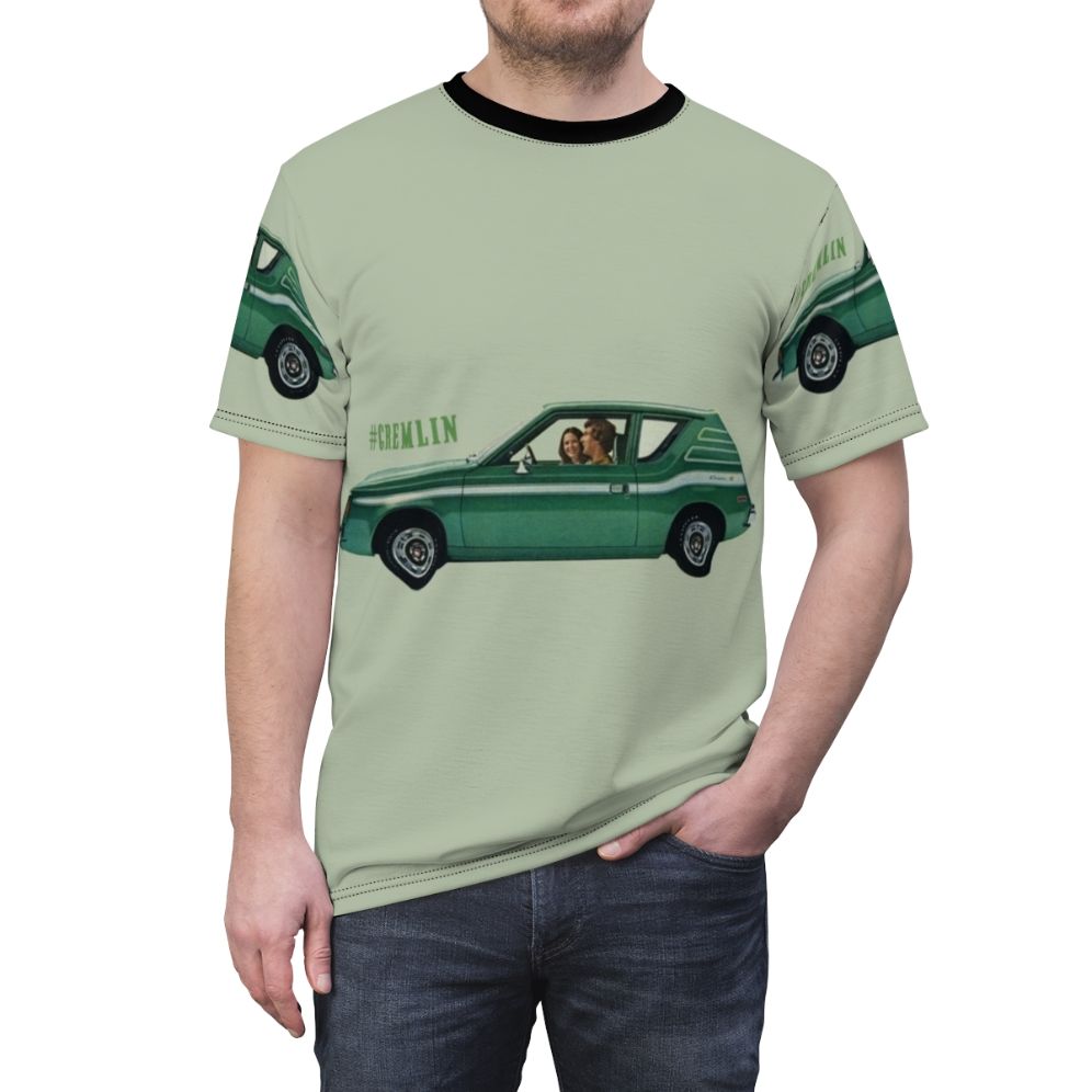 A vintage-style t-shirt featuring a retro green gremlin car design in a cool, striped pattern. - men front