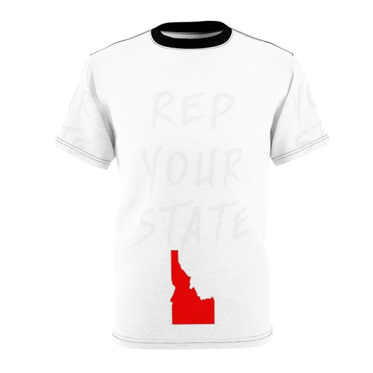 An all-over print t-shirt featuring the state of Idaho, perfect for activities and hobbies.