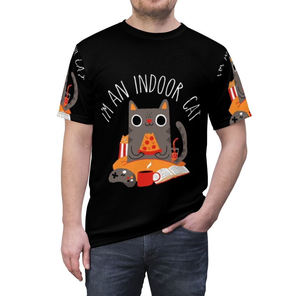 Stylish indoor cat t-shirt for cat lovers who enjoy reading books and playing video games - men front