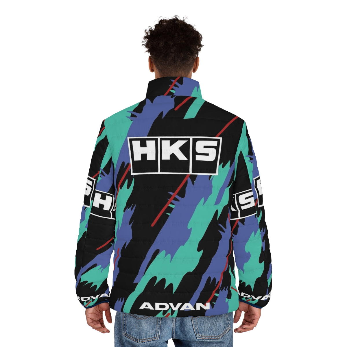 HKS Super Oil Retro Livery Puffer Jacket showcasing motorsports heritage - men back