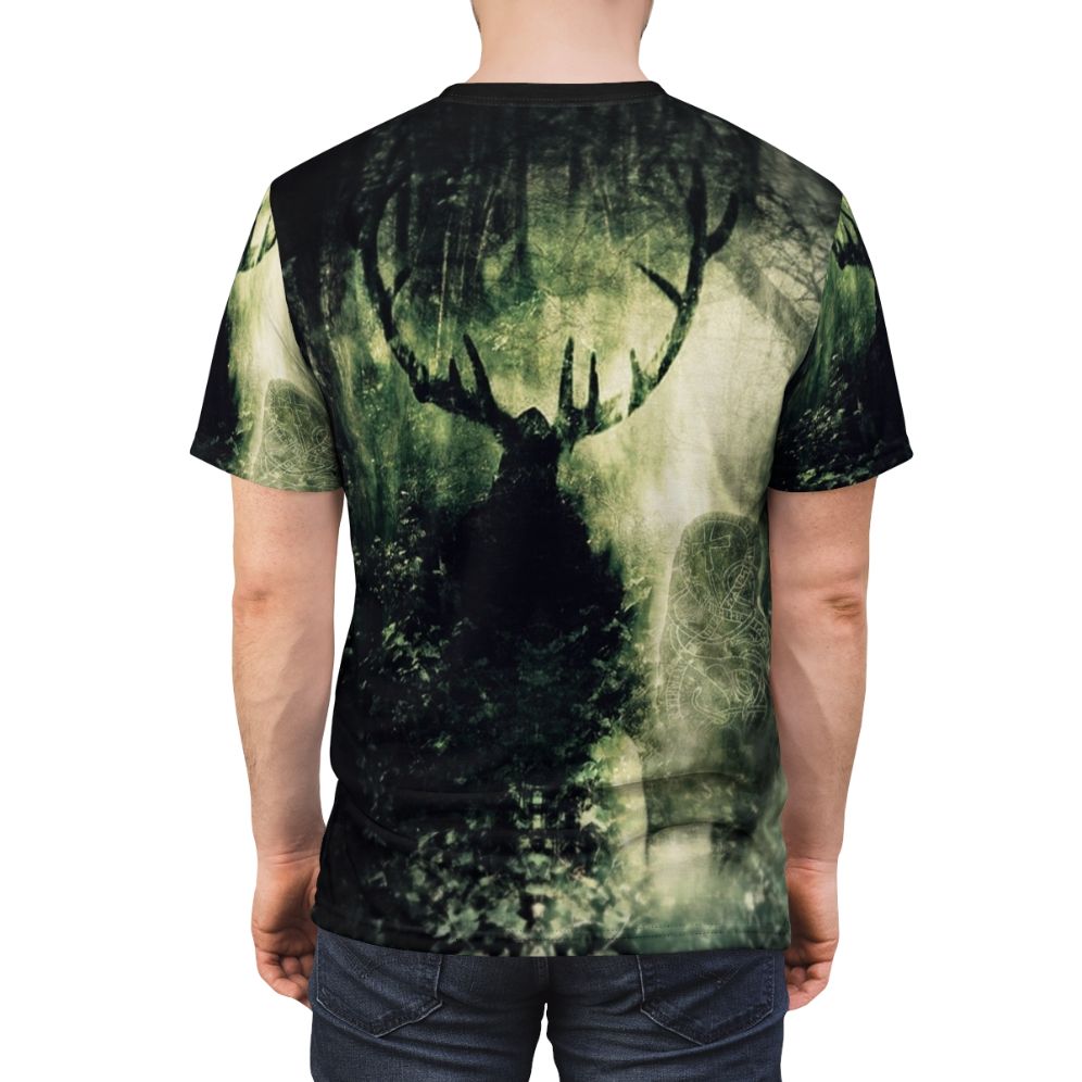 Artistic impression of the Green Man, a mythical figure from Celtic mythology, featured on a high-quality t-shirt. - men back