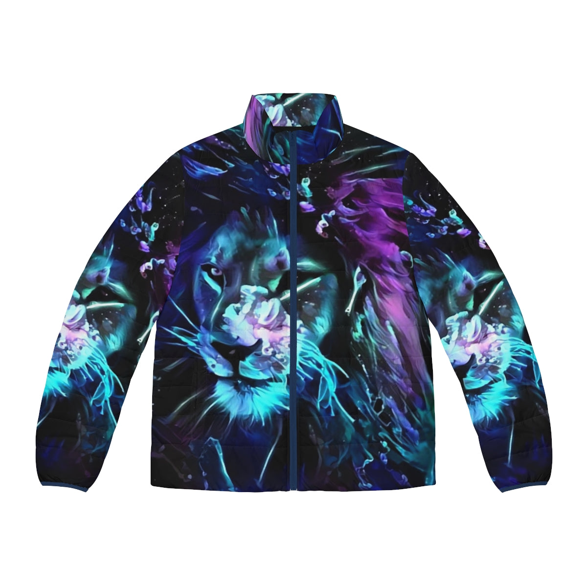 Neon lion puffer jacket with glowing blue, purple, and teal accents