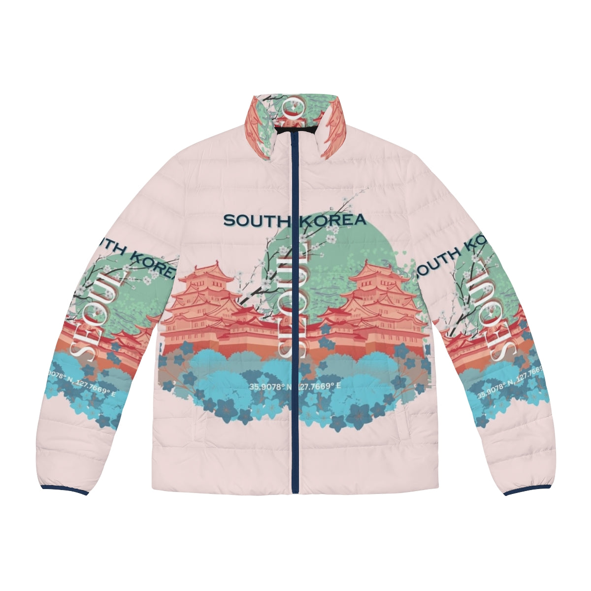 A stylish puffer jacket featuring a travel-inspired art design depicting the cityscape of Seoul, South Korea.