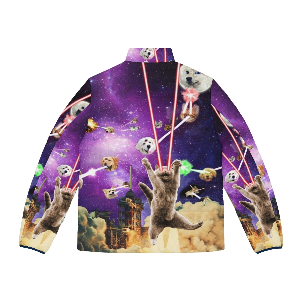 Cats with laser eyes wearing a stylish puffer jacket in a space-themed design - Back