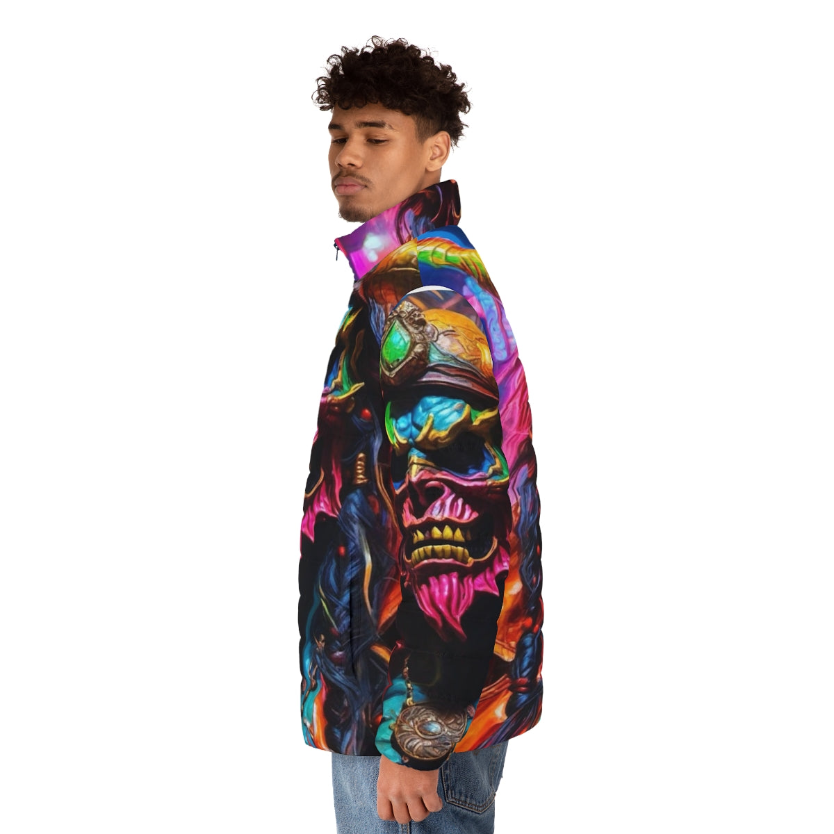 Neon puffer jacket with pirate, demon, and graffiti design - men side left