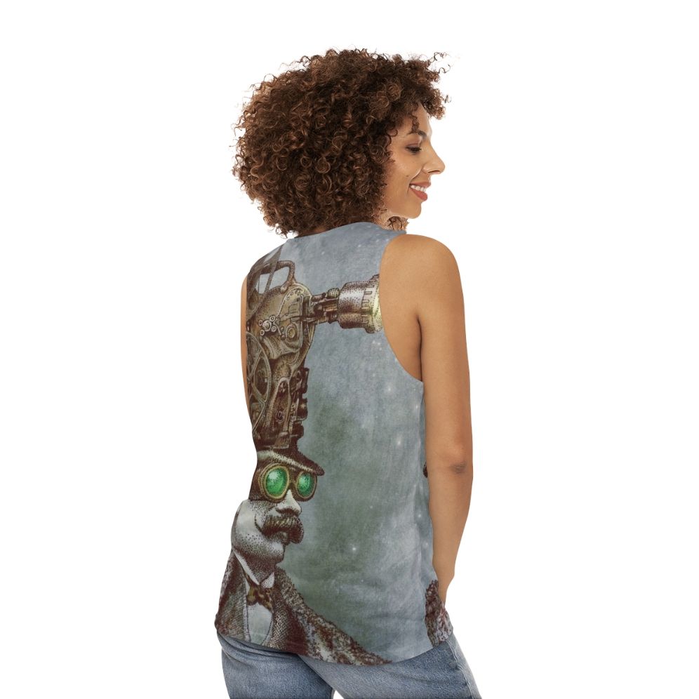 Steampunk unisex tank top with surreal mechanical design - women back