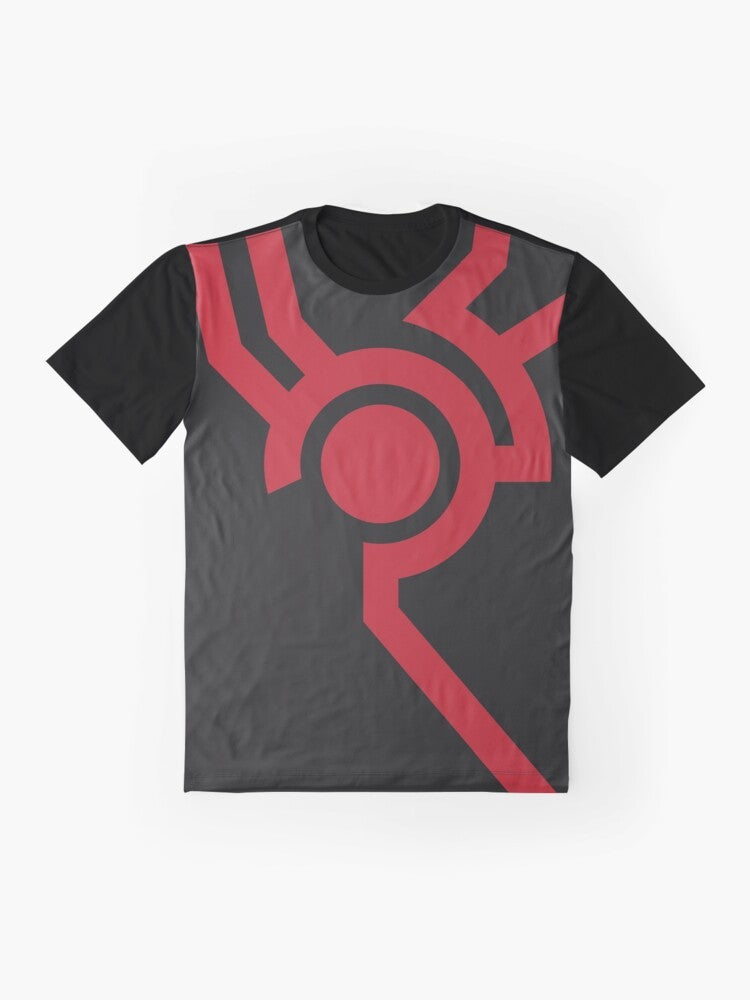 Minimalist techno-inspired t-shirt design featuring a simple dotted pattern and Yugioh 5Ds anime elements - Flat lay