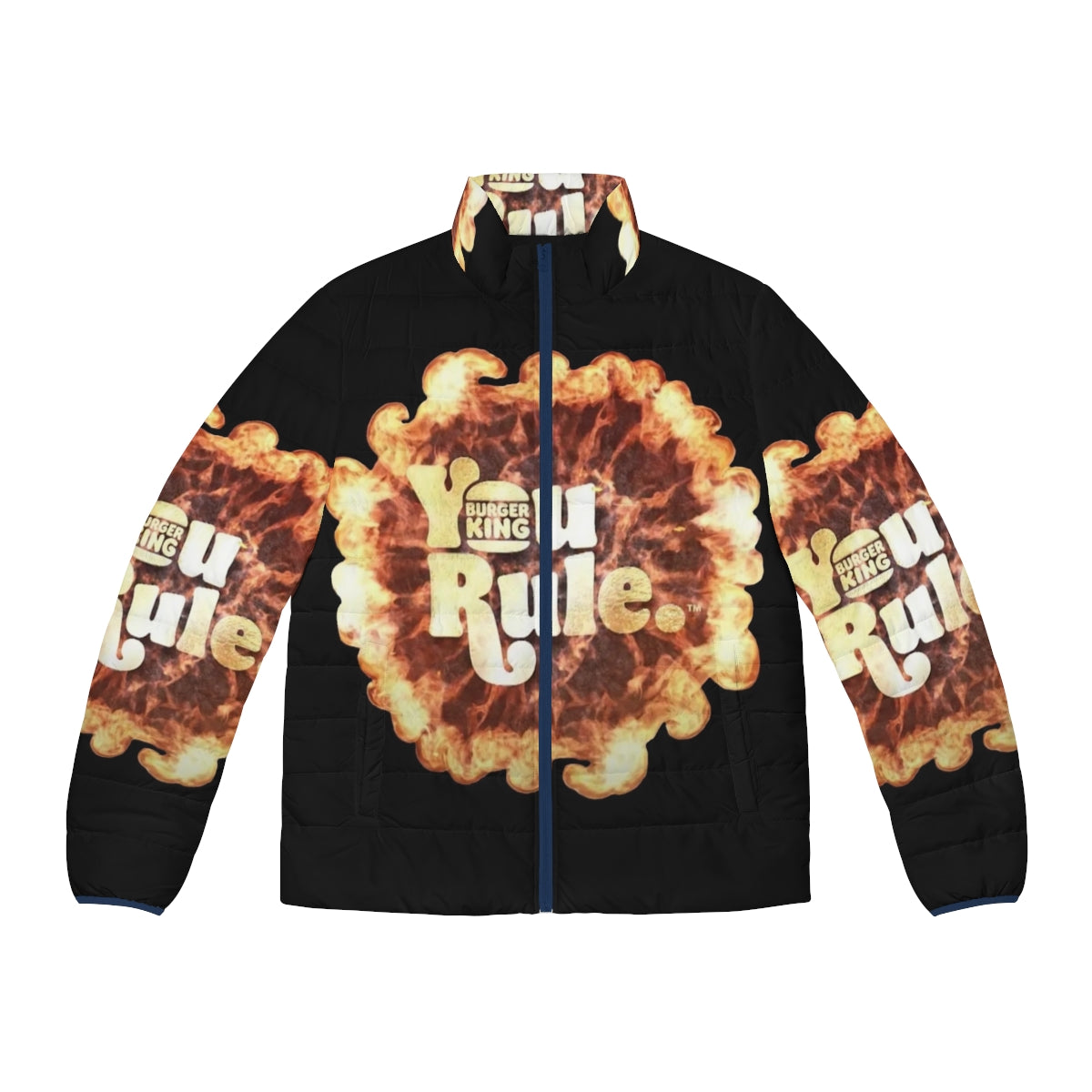 A stylish puffer jacket featuring the "You Rule" Burger King inspired design