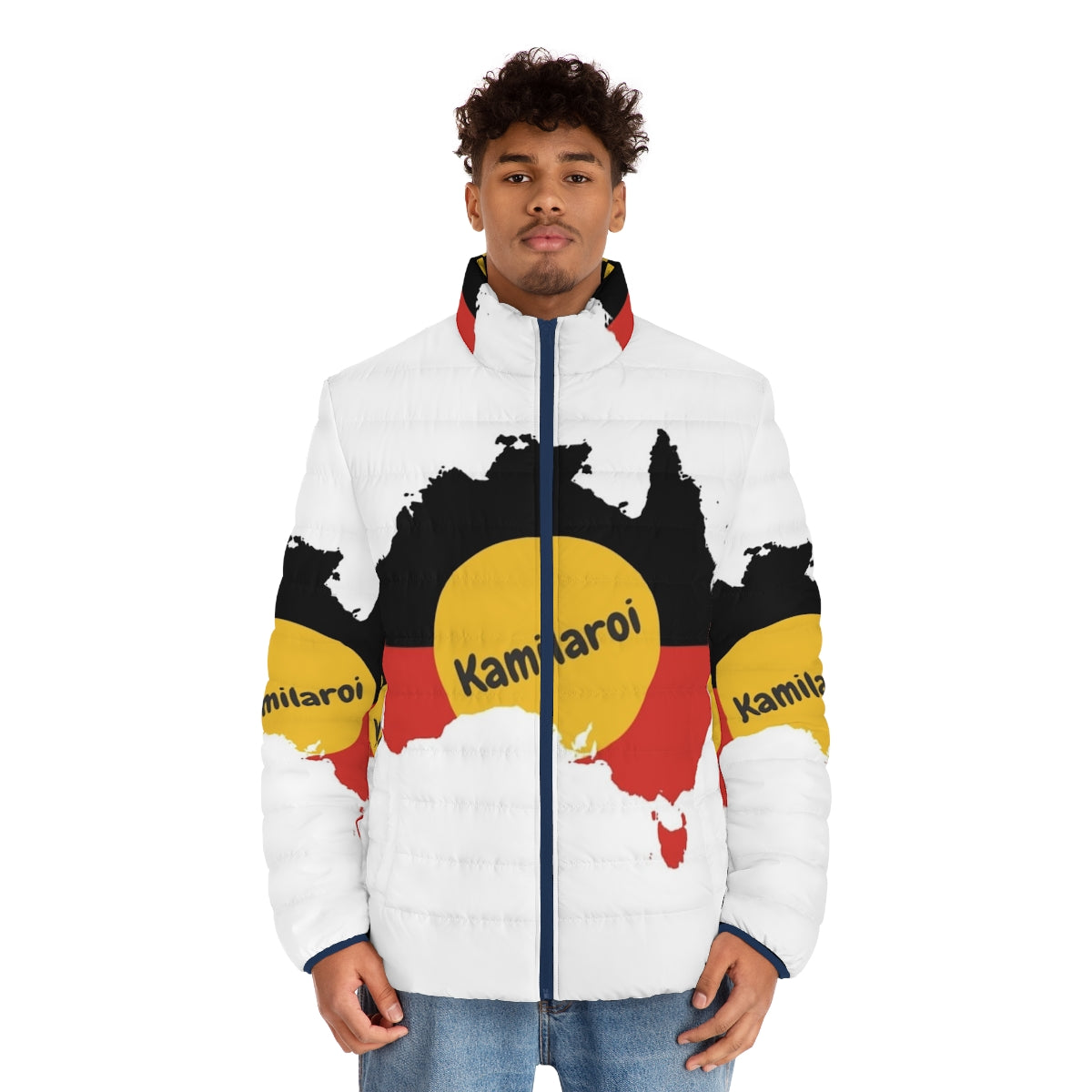 Kamilaroi Aboriginal Australian Puffer Jacket featuring indigenous Australian design and cultural elements - men front