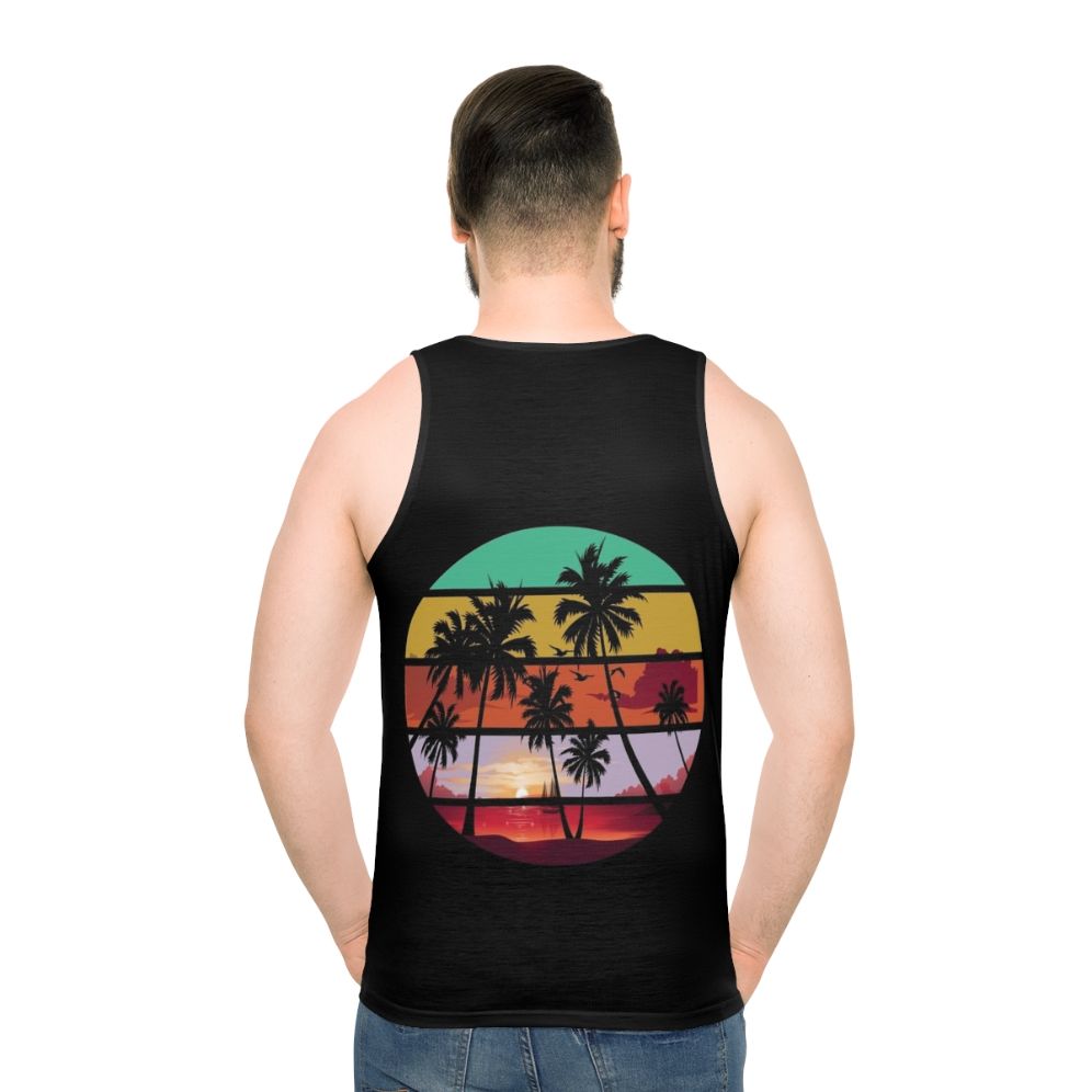 Unisex tank top with tree silhouette and sunset landscape - men back