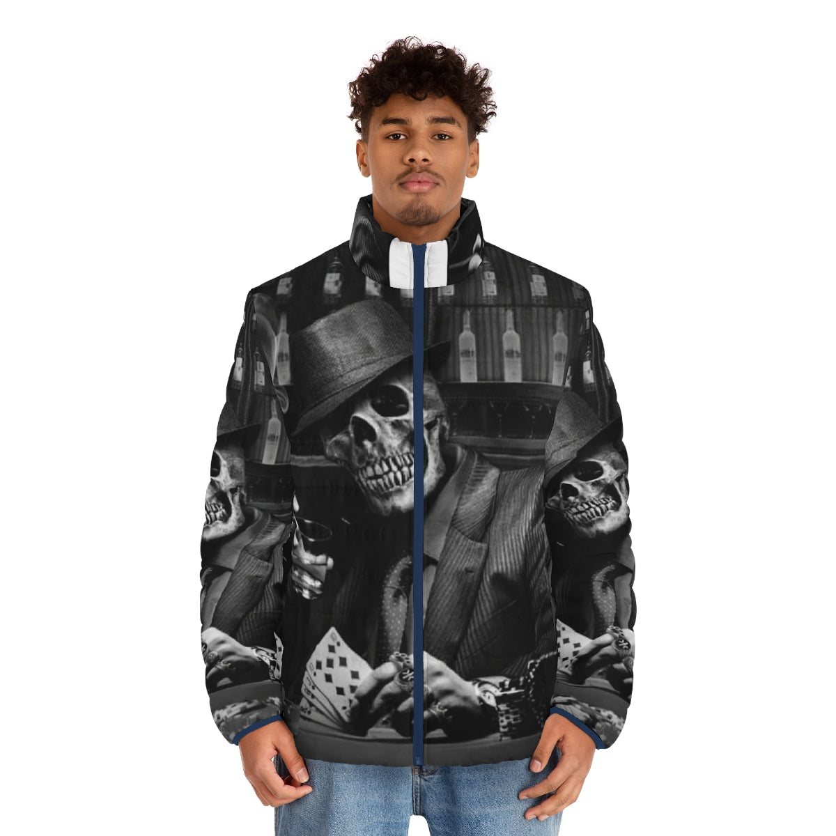 Dead Gangster Puffer Jacket featuring a skeleton and gangster-inspired design - men front