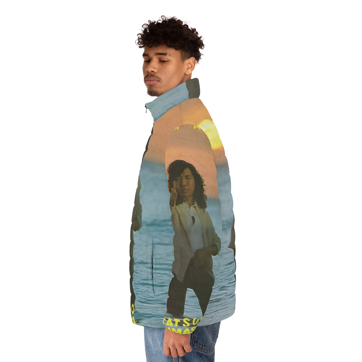 Retro puffer jacket featuring the album cover art for Tatsuro Yamashita's "Ride On Time" - men side left