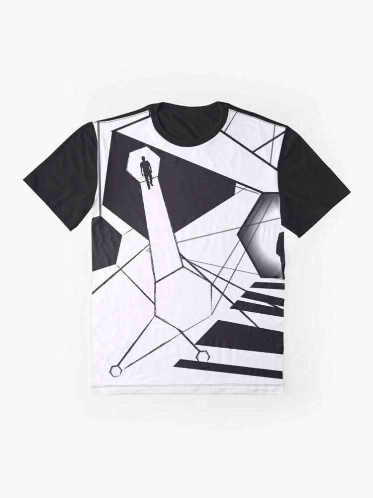 Twilight Zone inspired graphic t-shirt with space and universe design - Flat lay