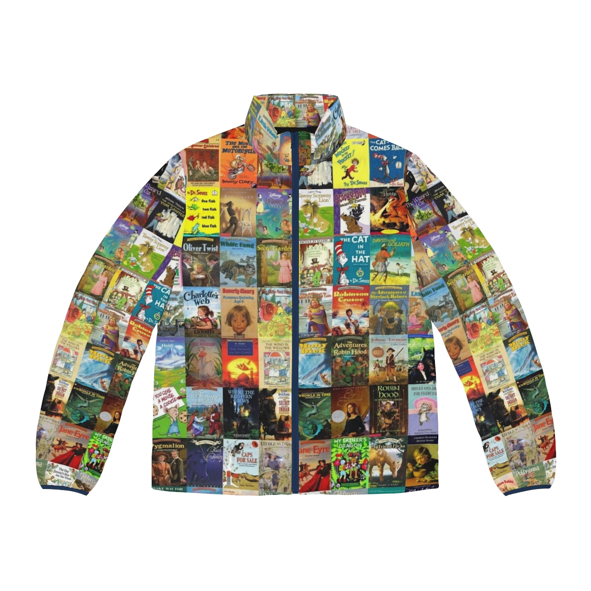 Children's puffer jacket featuring a stack of colorful books