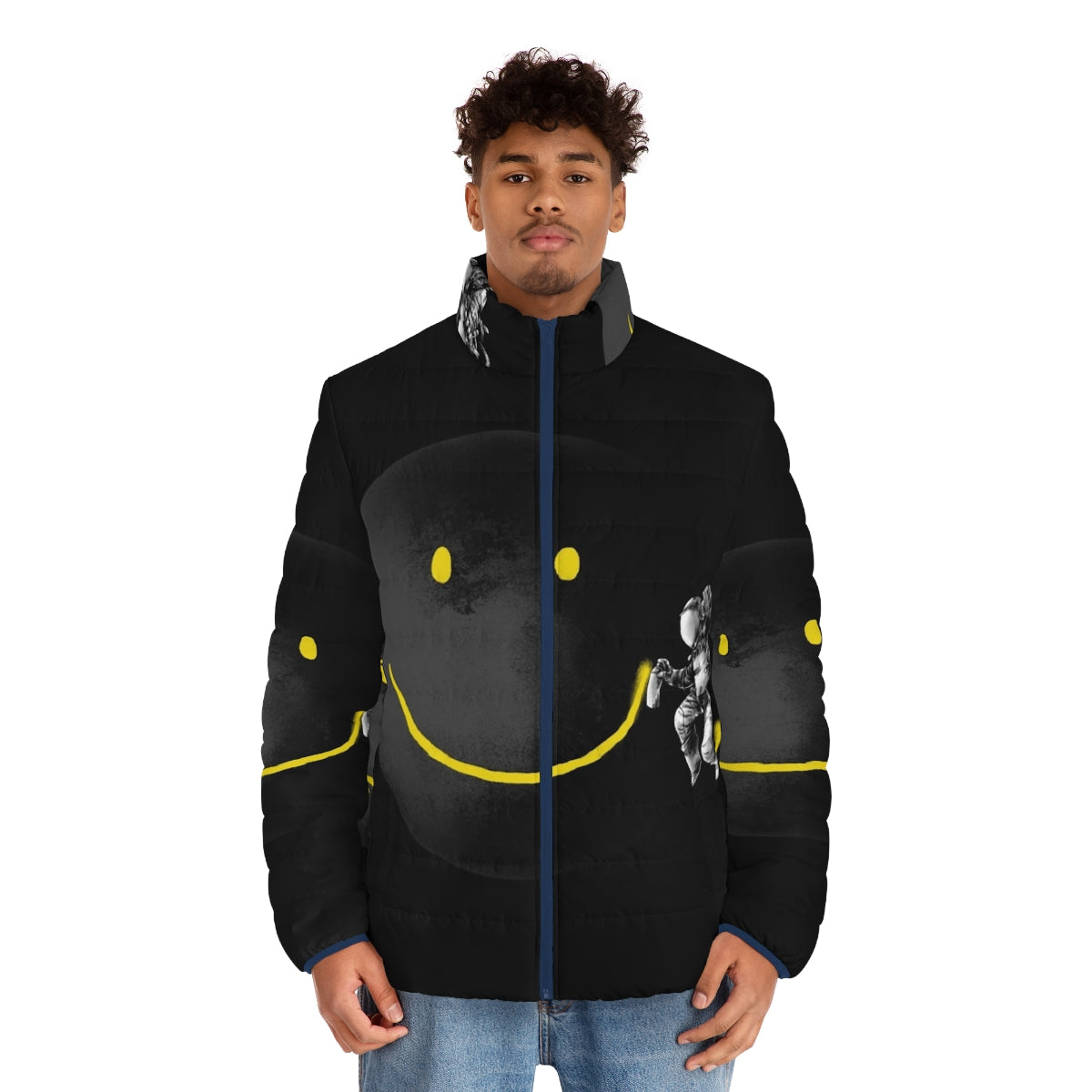 Puffer jacket with a surreal, abstract smiling face design against a cosmic, space-inspired background - men front