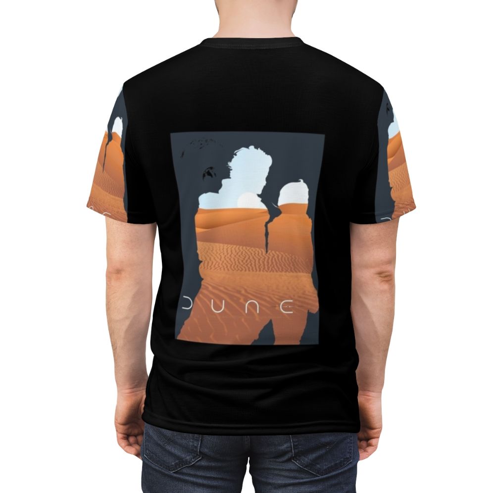 A high-quality all-over-print t-shirt featuring a dune landscape with the moons of Arrakis, inspired by the Dune science fiction series. - men back