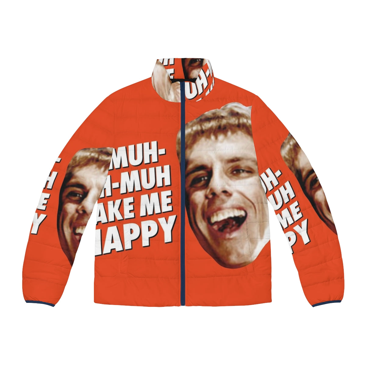 "A puffer jacket featuring the iconic 'Simple Jack' character from the movie Tropic Thunder, a pop culture and comedy reference."