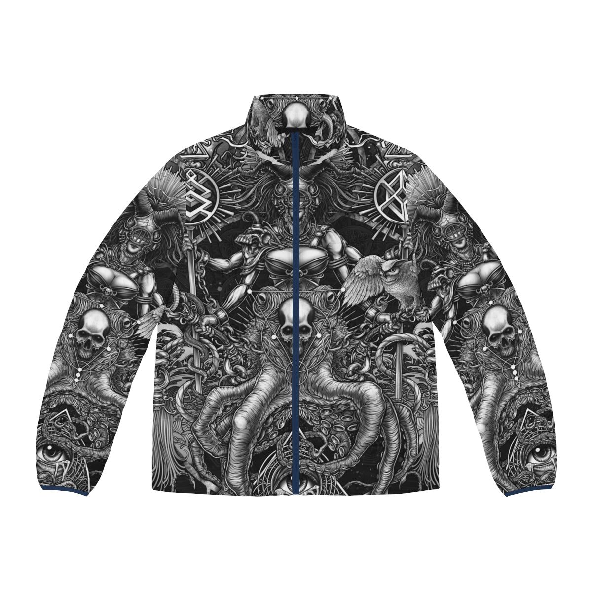 Puffer jacket featuring a surreal octopus and skull design in black and white