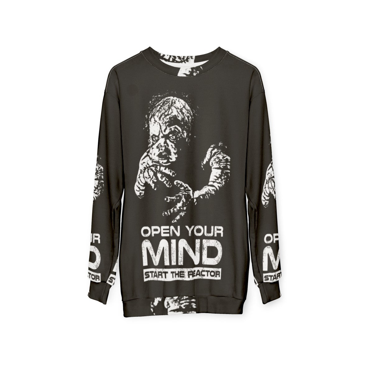 Open Your Mind Retro Sweatshirt Featuring 90s Sci-Fi Inspired Graphics - hanging