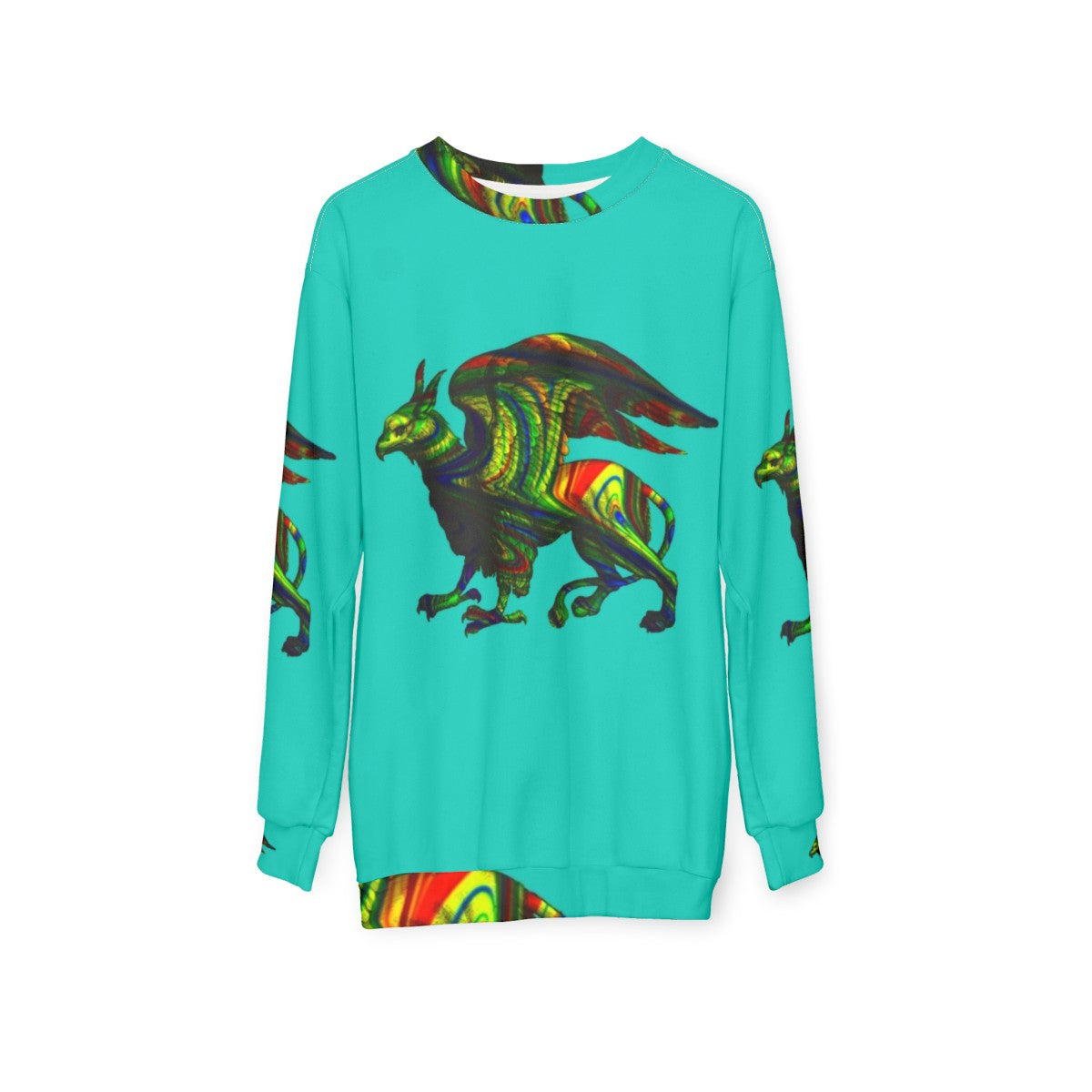 Colorful abstract griffin aqua sweatshirt with mythical creature silhouette art - hanging