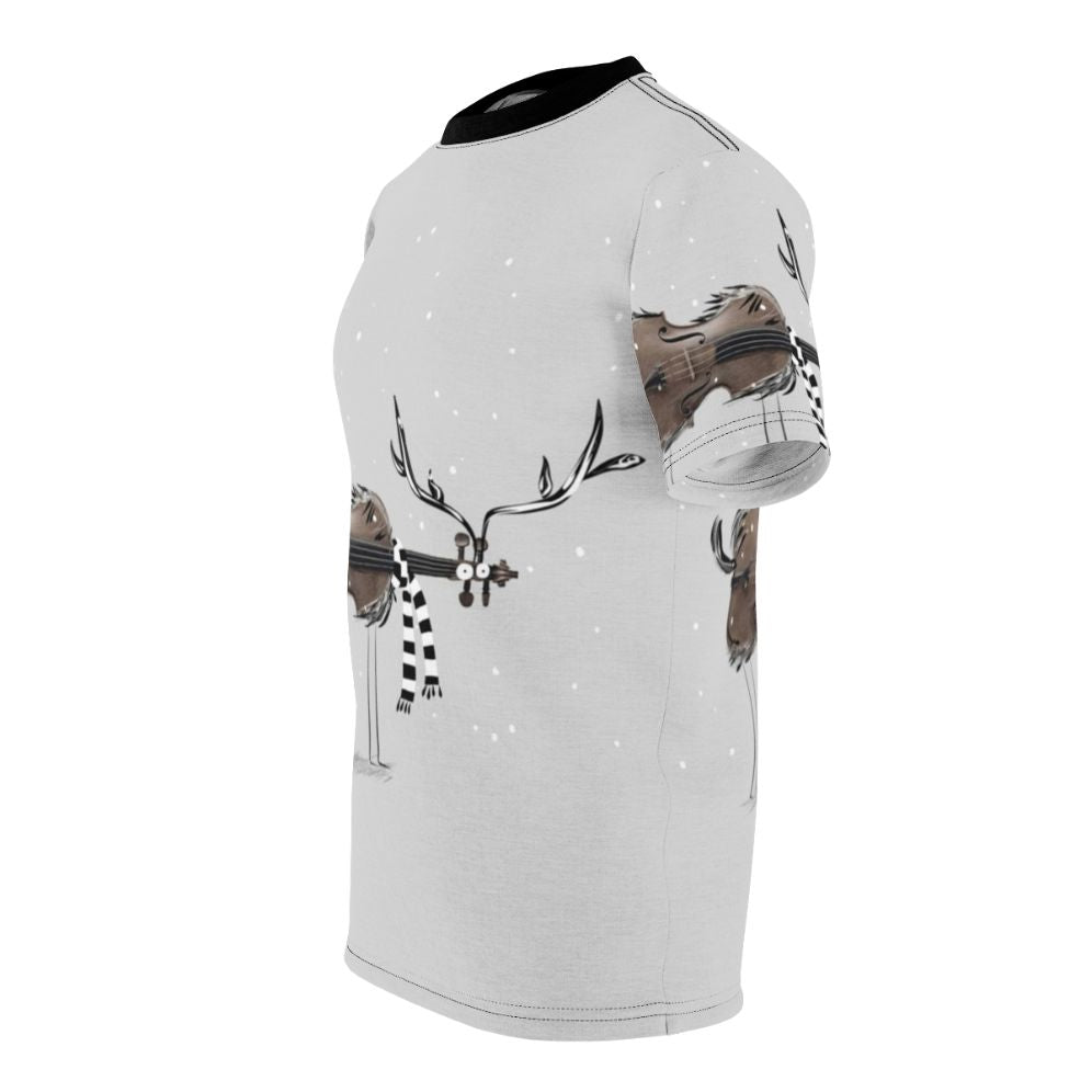 T-shirt featuring a design with a violin and reindeer in a winter scene - men left