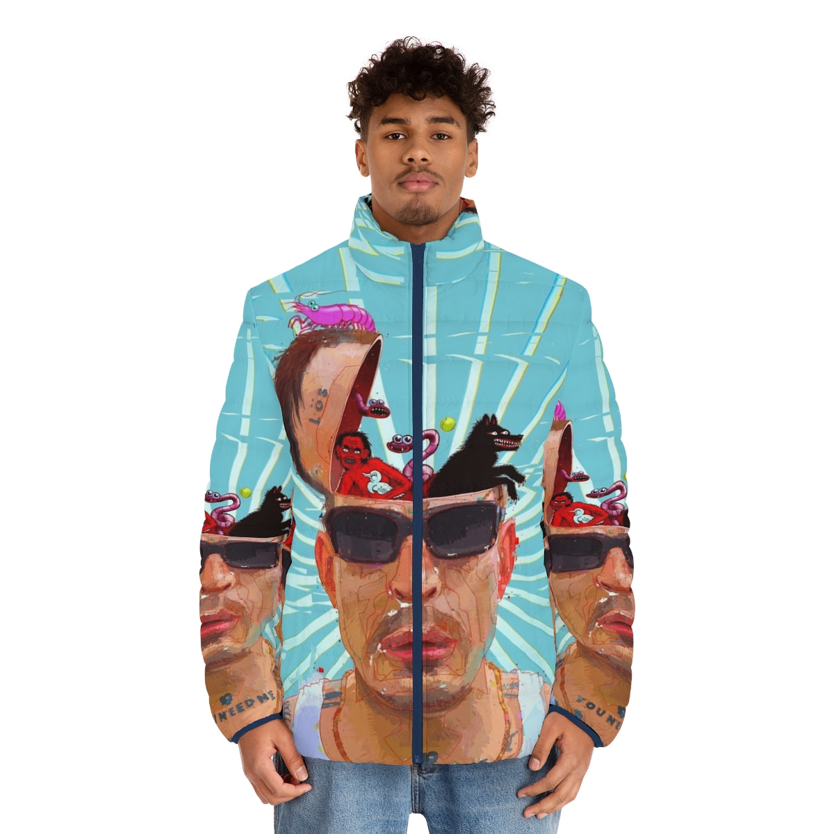 Puffer jacket featuring Sebastian Murphy art and Viagra Boys branding - men front