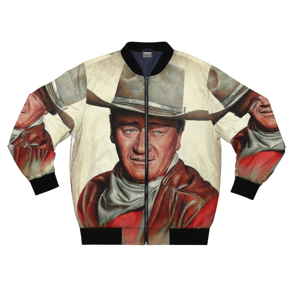 Western Icons 2 Duke Bomber Jacket featuring an iconic portrait of legendary actor John Wayne in a retro, vintage style.