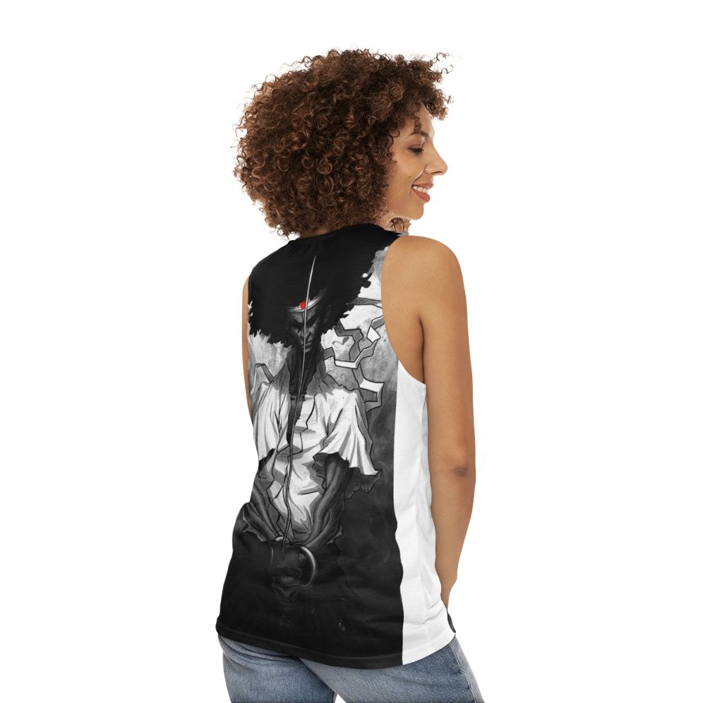 Unisex tank top with afro samurai inspired design - women back